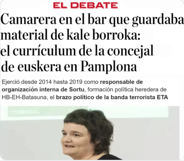 CCivicaCatalana's tweet photo. Esta es la bildutarra puesta a dedo como concejal de Educación de Pamplona, dedicada a imponer el vascuence.

Camarera en un bar que guardaba cócteles-molotov y sin ninguna formación educativa.

Pamplona en manos de estos hombres de paz gracias a Sánchez. No lo olvidemos. https://t.co/3vhb0oJutS