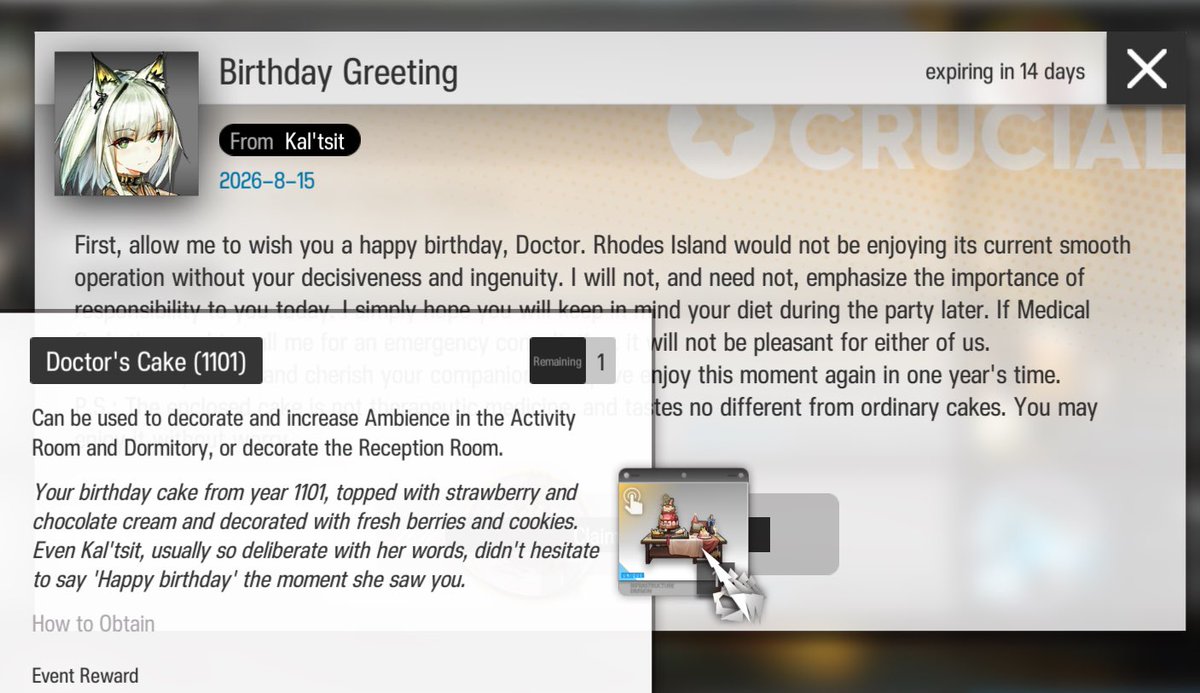 bweyti_44's tweet photo. Had this jump scare me in the morning, completely forgot what day it was lol. Anyway thank you for the cake Kal’tsit!
The sanity will be put to good use for rock farming! https://t.co/8K4bftlA1d