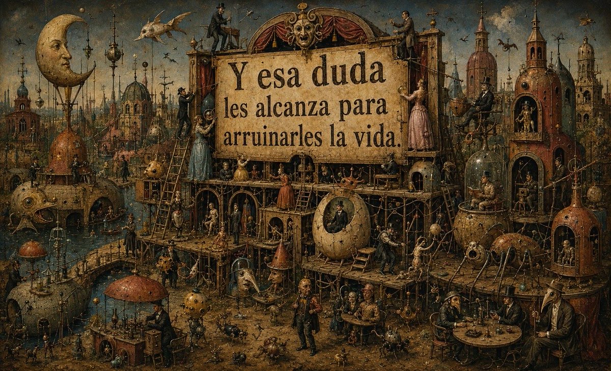 okmalditos's tweet photo. Hay personas que sospechan de las casualidades. Llegan tarde a los encuentros y desconfían de las puertas que se abren a tiempo. No están perdidas, solamente descubrieron antes que nosotros que, detrás del decorado, alguien mueve los hilos.

https://t.co/d99mRcMmtF https://t.co/ELD1c4dpn0