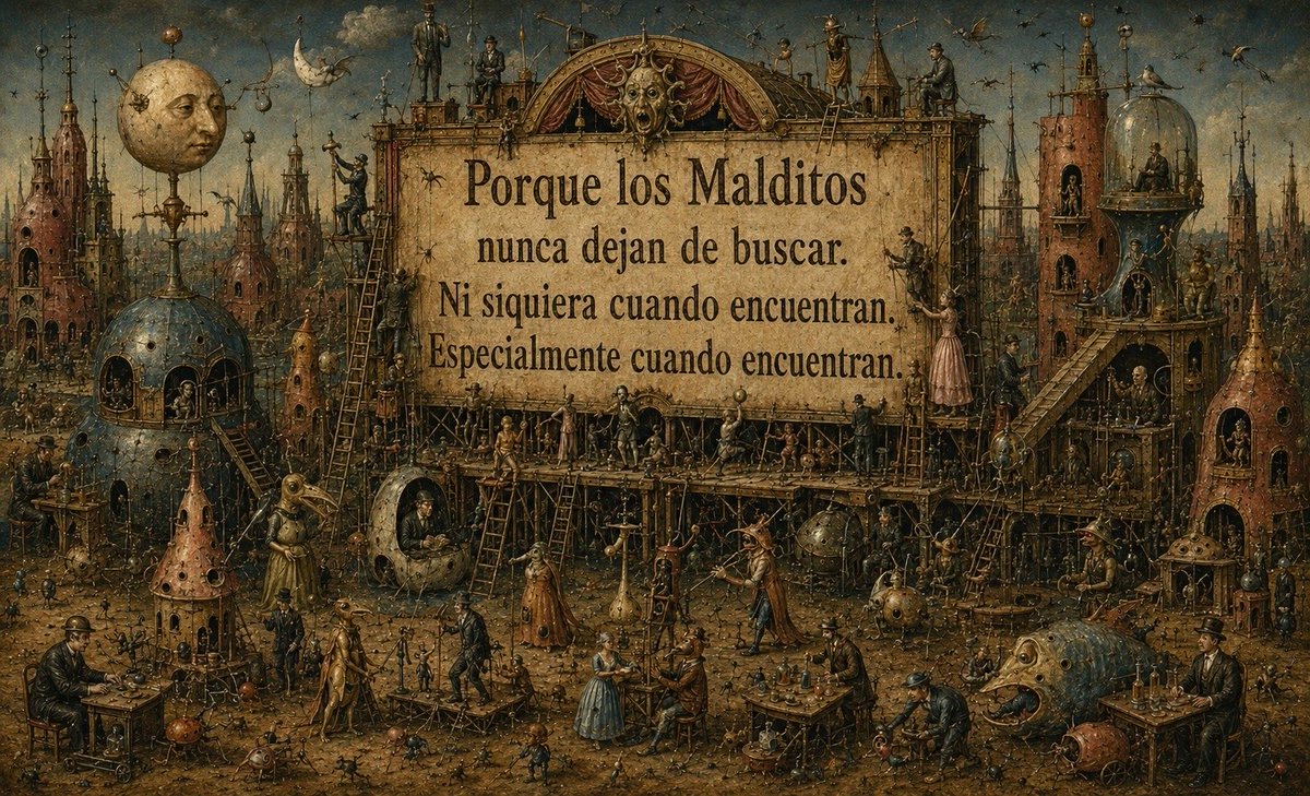 okmalditos's tweet photo. Hay personas que sospechan de las casualidades. Llegan tarde a los encuentros y desconfían de las puertas que se abren a tiempo. No están perdidas, solamente descubrieron antes que nosotros que, detrás del decorado, alguien mueve los hilos.

https://t.co/d99mRcMmtF https://t.co/ELD1c4dpn0