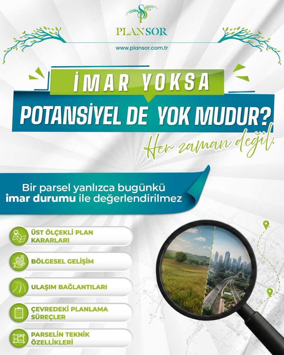 Plansor_com_tr's tweet photo. İmar yoksa, potansiyel de yok mudur?

Her zaman değil.

Bir parselin değerlendirilmesinde yalnızca bugünkü imar durumu değil; üst ölçekli plan kararları, bölgesel gelişim, ulaşım bağlantıları, çevredeki planlama süreçleri ve parselin teknik özellikleri birlikte ele alınmalıdır. https://t.co/DDKpbkq1h1