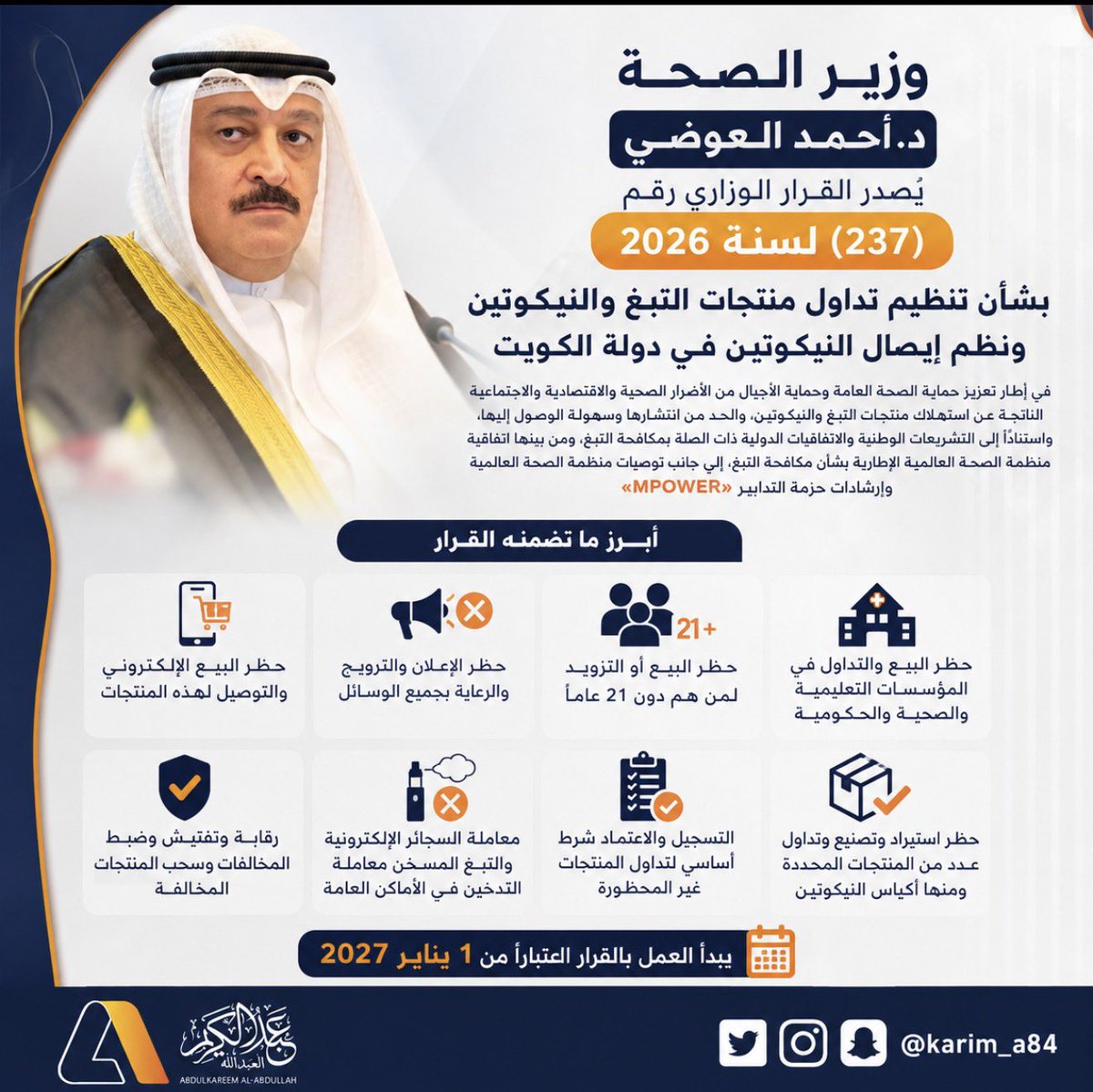 karim_a84's tweet photo. وزير الصحة د. أحمد العوضي يصدر قراراً شاملاً لتنظيم تداول منتجات التبغ والنيكوتين ونظم إيصاله في الكويت

• حظر بيع أو تسليم منتجات التبغ والنيكوتين لمن هم دون 21 عاماً وإلزام البائع بالتحقق من العمر قبل إتمام البيع

• حظر البيع عبر المواقع والتطبيقات الإلكترونية ومنصات التواصل الاجتماعي وخدمات التوصيل وأجهزة الخدمة الذاتية

• منع بيع وتداول المنتجات في المدارس والجامعات والمنشآت الصحية والجهات الحكومية والأندية والمراكز الشبابية ودور السينما وغيرها

• حظر الإعلان والترويج المباشر وغير المباشر ومنع العينات المجانية والهدايا والخصومات والعروض التشجيعية والرعاية

• حظر المنتجات الموجهة للأطفال والشباب أو التي تستخدم الرسوم والشخصيات الكرتونية أو تصاميم تشبه الحلويات والمشروبات

• السجائر الإلكترونية ومنتجات التبغ المسخن تعامل معاملة التدخين في الأماكن العامة والمغلقة التي يحظر فيها التدخين

• وزارة الصحة تتولى الرقابة والتفتيش وضبط المخالفات وسحب المنتجات المخالفة وإزالتها وحجب الإعلانات الإلكترونية المخالفة

•بدء تطبيق ضوابط تداول منتجات التبغ والنيكوتين في 1 يناير 2027

@——————/—/——————————————————

ابرز ماجاء فيه:

1. حظر بيع وتسليم منتجات التبغ والنيكوتين لمن هم دون 21 عاماً
2. منع بيع التبغ والنيكوتين عبر المواقع والتطبيقات ومنصات التواصل وخدمات التوصيل
3. حظر بيع منتجات التبغ والنيكوتين عبر أجهزة الخدمة الذاتية
4. منع تداول منتجات التبغ والنيكوتين في المدارس والجامعات والمنشآت الصحية والجهات الحكومية
5. حظر بيع المنتجات في الأندية ومراكز الشباب والمسارح ودور السينما والمرافق المخصصة للأطفال
6. حظر شامل للإعلان والترويج والتسويق المباشر وغير المباشر لمنتجات التبغ والنيكوتين
7. منع العينات المجانية والهدايا والخصومات والعروض التشجيعية والرعاية
8. حظر المنتجات الموجهة للأطفال والشباب والتغليف المشابه للحلويات والمشروبات
9. حظر أكياس النيكوتين والمنتجات الفموية أو المخاطية غير المسجلة كدواء
10. التسجيل والاعتماد من وزارة الصحة شرط لاستيراد وتصنيع وبيع المنتجات غير المحظورة
11. منع الادعاء بأن منتجات التبغ والنيكوتين «آمنة» أو «أقل ضرراً» دون موافقة
12. إخضاع السجائر الإلكترونية والتبغ المسخن لحظر التدخين في الأماكن العامة والمغلقة
13. رقابة على مشاهد التدخين في المحتوى الإعلامي والرقمي الذي يصل إلى الأطفال واليافعين
14. «الصحة» تتولى التفتيش وضبط المخالفات وسحب المنتجات وحجب الإعلانات الإلكترونية المخالفة
15. بدء تطبيق الضوابط الجديدة اعتباراً من 1 يناير 2027