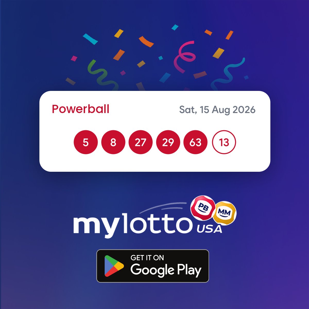mylottousa's tweet photo. Powerball results are in! 🤩

📅 Saturday, 15 Aug 2026
✨ 05, 08, 27, 29, 63 + 13 ✨

💰 Did your numbers come up?

#Powerball #LotteryResults #MyLottoUSA https://t.co/0JwZii1zOn