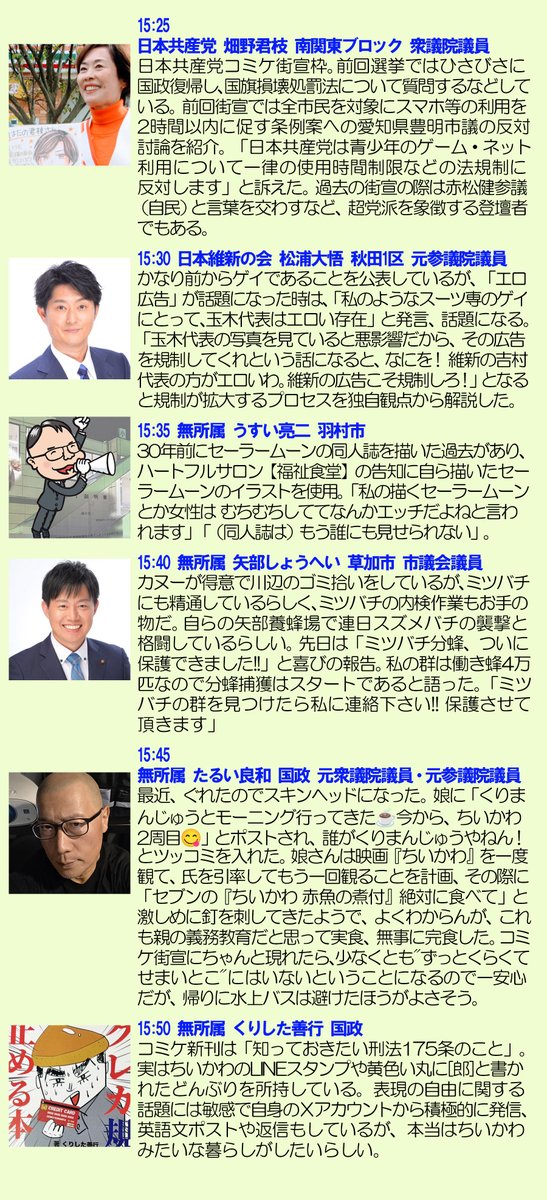 pijyon's tweet photo. コミックマーケットC108に合わせ、国際展示場駅前で行われる「表現の自由」超党派コミケ街宣！

2日目となる今日8/16(日) 14:30〜の登壇者を独断と偏見でご紹介します。 コミケに来る人も来ない人も見ていってね！
配信もありますよ。

#コミケ街宣 #C108 https://t.co/en0aBPS813