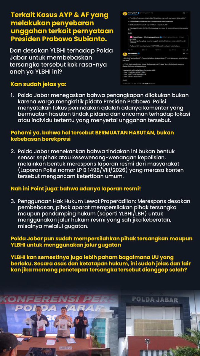 CitraYuvanka's tweet photo. Polisi bekerja profesional tegakkan aturan berbasis laporan resmi masyarakat

#YLBHI #poldajabar #prabowo #penghasutan https://t.co/S964PwGVec
