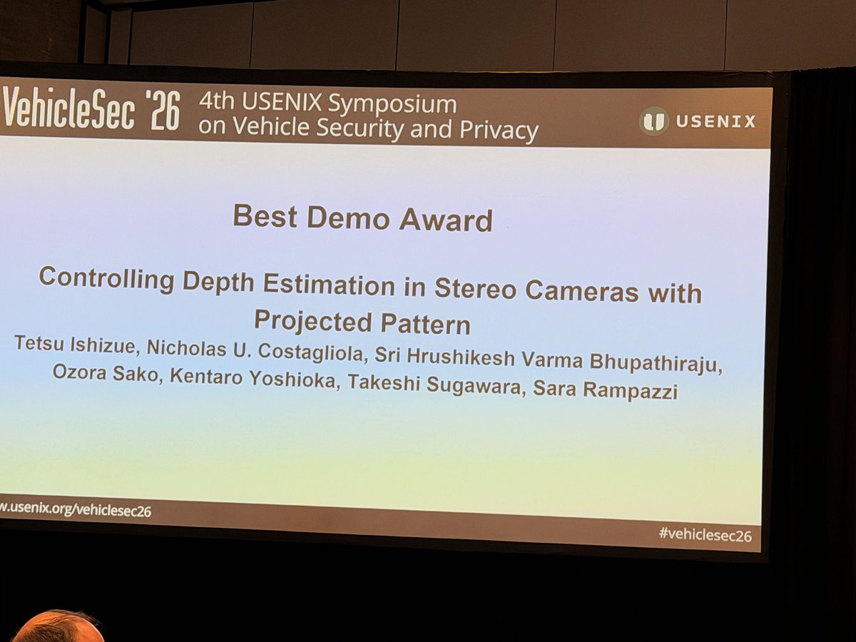 keiocsg's tweet photo. フロリダ大と電通大との共同研究がVehicle Sec best demo awardを受賞しました！おめでとうございます。実際のペーパーももうすぐトップ会議でお披露目できるかと思います。
photo森先生🙇 https://t.co/ka3lnWRaFM