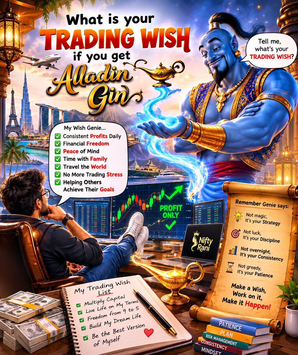 Nifty_Rani's tweet photo. 🧞‍♂️ Aladdin’s Genie just gave you ONE trading wish.

What are you choosing?

1️⃣ Unlimited profits
2️⃣ Never take a loss
3️⃣ Financial freedom
4️⃣ Perfect entries
5️⃣ Discipline & patience
6️⃣ Something else 👀

Comment your wish 👇 Let’s see what traders really want!

#Trading #Nifty #StockMarket #Trader