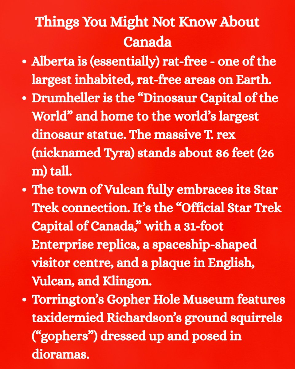 jgmacleodauthor's tweet photo. Things You Might Not Know About Canada
https://t.co/OlQtdfmWWj
#Canada #Canadian #IAmCanadian #FunFacts #Canadiana #Alberta #Trivia #writerslife #momlife #August_2026 #summervibes #rats #dinosaurs #Drumheller #TRex #StarTrek #gophers https://t.co/eSusniHhPo