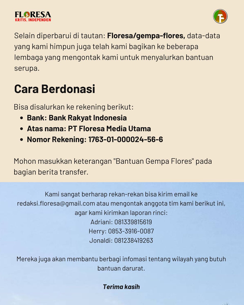 floresadotco's tweet photo. Kawan-kawan sekalian, kami mengabarkan perkembangan donasi lewat kami sejak kemarin. Total terkumpul saat ini 66.400.000. Kami salurkan langsung ke sejumlah titik. Terima kasih untuk yang telah berdonasi dan bersolidaritas. Ikuti kabar warga di sini: https://t.co/ZPj7xZEDij https://t.co/tmIyghURMy