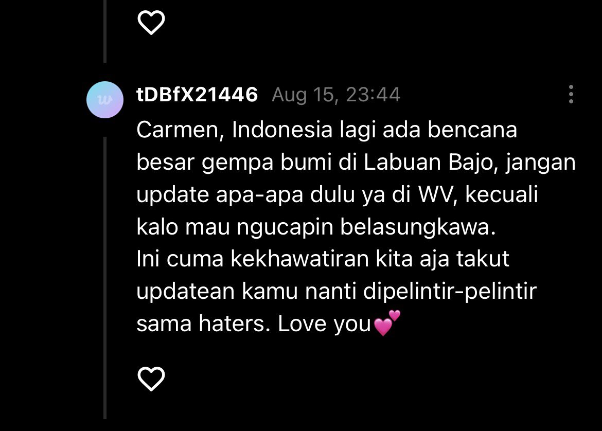 ini_Kayreumen's tweet photo. tau banget Indonesia lagi berduka, negara kita lagi ga baik baik aja. mulai dari rupiah, bencana alam, ini lah itu lah😔🥲 tapi bisa tidak, tau batasan? bahkan hal seperti ini aja dilimpahkan ke Carmen? manusia bodoh mana yg bakal pelintir kalo dia update?  kalian gini juga ga? ke artis yang stay di Indo? ngga kan? kenapa Carmen aja. kita ngga sedekat itu dengan idol sampe bisa ngatur ngatur, kita bukan keluarga bukan pula pihak agensi. sewajarnya fans ke idol aja kak:)