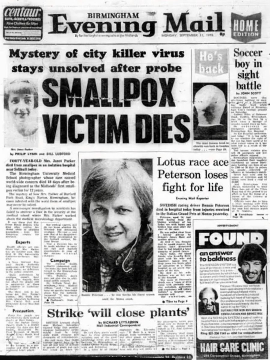JayStrellson's tweet photo. Bit of epidemiological British history for you, @IntegralAnswers, via the BBC and other supplementary historical material

“In the summer of 1978, the last known case of #smallpox was reported, claiming the life of 40-year-old medical photographer Janet Parker. 

But how did the disease, thought to have been eradicated across the world, come to be in Britain's second city?

Smallpox kills up to a 25% of those infected. Those who survive are often left blind, maimed, infertitle and scarred for life.

It was Friday 11 August,  when Janet Parker first began to feel unwell.

Within days, Mrs Parker, who worked in the anatomy department at Birmingham Medical School, had developed unsightly red spots on her back, limbs and face. 

When the doctor was called, she was told she had chickenpox.
But Mrs Parker's mother, Hilda Witcomb, was sceptical. She had nursed her daughter through the virus as a child, and the large blistering pustules now appearing on her body were markedly different.

With no signs of improvement, a hospital appointment was arranged and the 40-year-old was admitted to the Catherine-de-Barnes Isolation Hospital in Solihull on 20 August. By now Mrs Parker was so weak she could not stand unaided. 

"I do remember thinking she was very poorly, she had a very dramatic rash," said Prof Deborah Symmons, the first member of medical staff to see Mrs Parker when she was admitted.
"It was widely thought the last [smallpox] case had occurred."

As Prof Symmons examined Mrs Parker, it was only then the dreaded word "variola" made it on to her medical notes for the first time, and soon the doctors' worst fears were confirmed.

Smallpox, the last natural case of which anywhere in the world had been reported in Somalia in 1977…”
(https://t.co/nT2ziiIzVD)

The undertaker responsible for cremation of Janet Parker’s pox- ridden body said an interview later that, 

“The body had to be cremated because there was a chance the virus could have thrived in the ground if Mrs Parker had been buried. 

All other funerals were cancelled that day and the crematorium was thoroughly cleaned afterwards. 

It was a chilling time and something I will never forget.”(https://t.co/Synhg5R7hV)

https://t.co/95Utmt3uRG

https://t.co/xGzoh1E2D8

https://t.co/8XAHBEEP7T