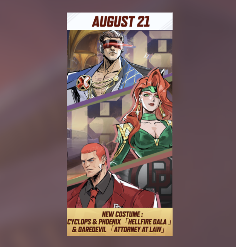 RivalsInfo's tweet photo. ‼  EVERYTHING ARRIVING THIS WEEK

- Cyclops &amp; Phoenix [Hellfire Gala] skins
- Daredevil [Attorney At Law] skin

#MarvelRivals https://t.co/gAb6wrpqiK