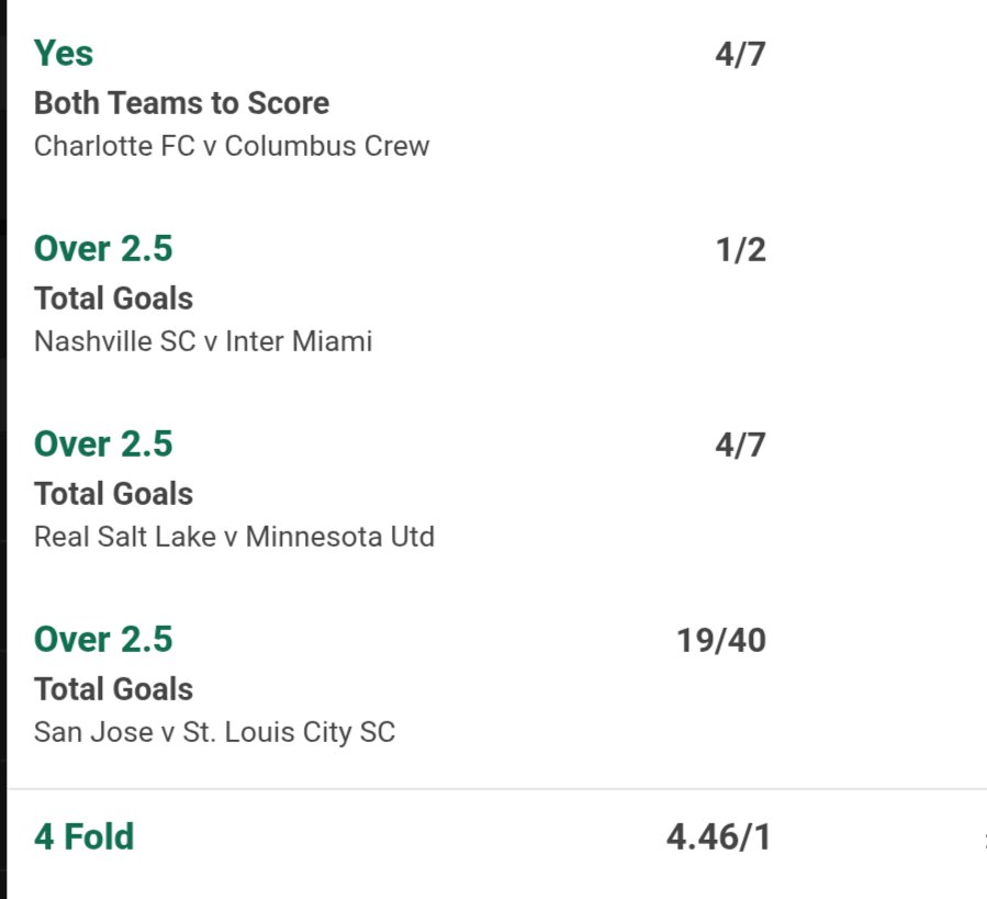 4foldfocus's tweet photo. 🇺🇸⚽ MLS LATE-NIGHT 4-FOLD — 4.46/1 🔥

⚽ Charlotte v Columbus — BTTS YES
⚽ Nashville v Inter Miami — Over 2.5
⚽ Real Salt Lake v Minnesota — Over 2.5
⚽ San Jose v St. Louis City — Over 2.5

#MLS #MLSCup #FootballTips #BettingTips #ACCA https://t.co/0gHOFBzoBJ