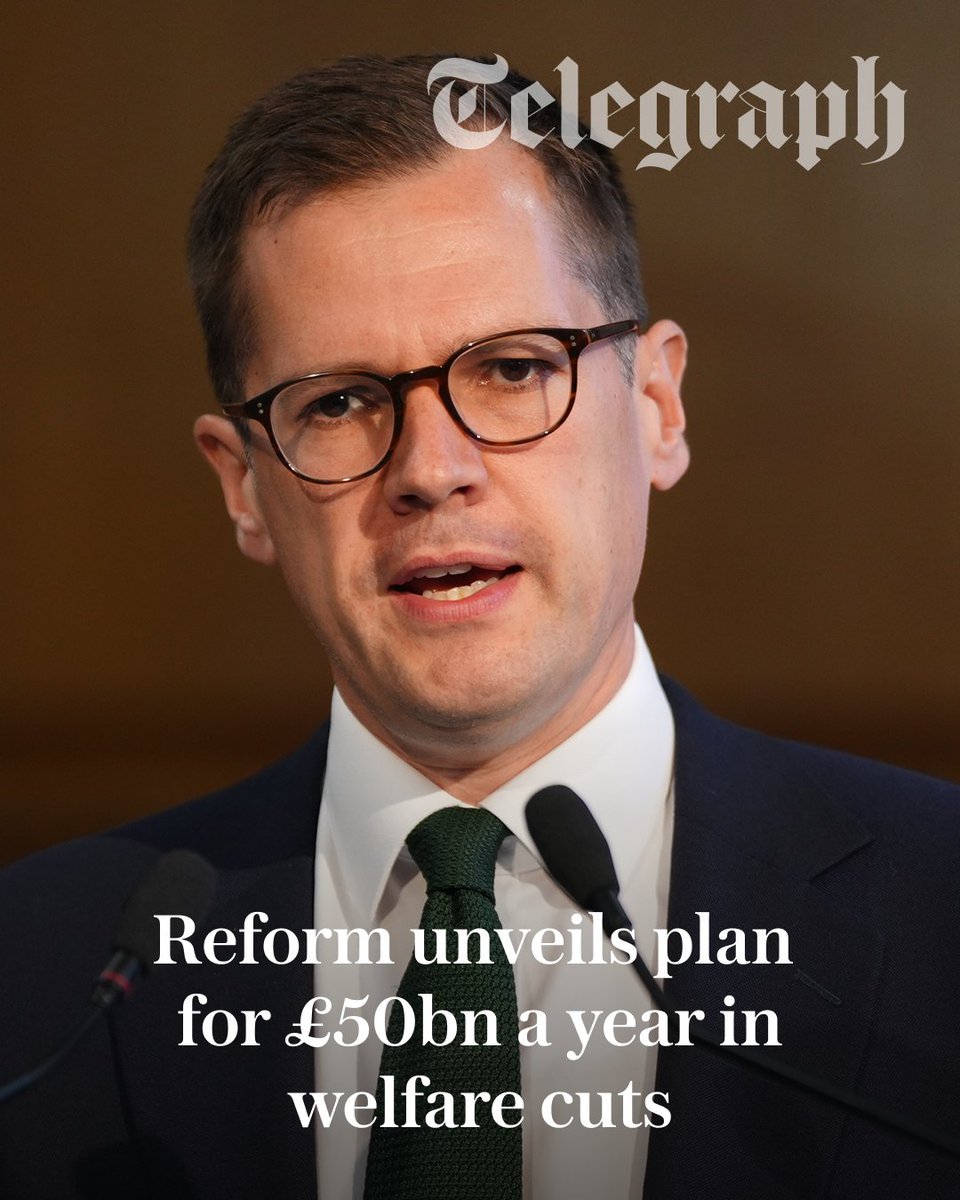 Telegraph's tweet photo. Reform has unveiled plans to cut the welfare bill by £50bn a year, including scrapping the health element of Universal Credit for working-age adults.

Robert Jenrick says the proposals would be the biggest overhaul of the welfare system “in a generation” ⤵️
https://t.co/8V1edYBI4K