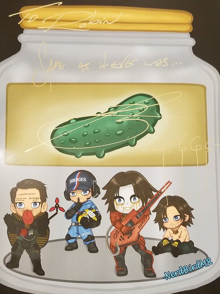 NerdBirdMR's tweet photo. Have been waiting to post this art until AFTER one Mr. Troy Baker had seen, signed, and was gifted a copy of this print. 🙏 

Had SUCH an AMAZING time meeting him. 🥹💛 He was SO very sweet all three times I interacted with him ahdbsubsjfbf.

#HiggsMonaghan #DeathStranding https://t.co/3k6lngxVu3