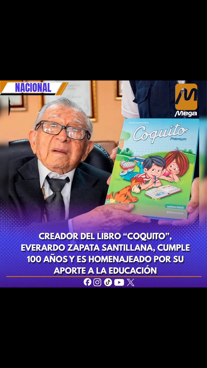 megajaen's tweet photo. 🟠🟣 #Perú | Everardo Zapata Santillana, creador del tradicional libro Coquito, cumple 100 años este 15 de agosto. Su obra, publicada en 1955, marcó a generaciones de escolares y fue reconocida como Patrimonio Cultural de la Nación. #Coquito #Educación #Arequipa https://t.co/yDQzKW5eQl