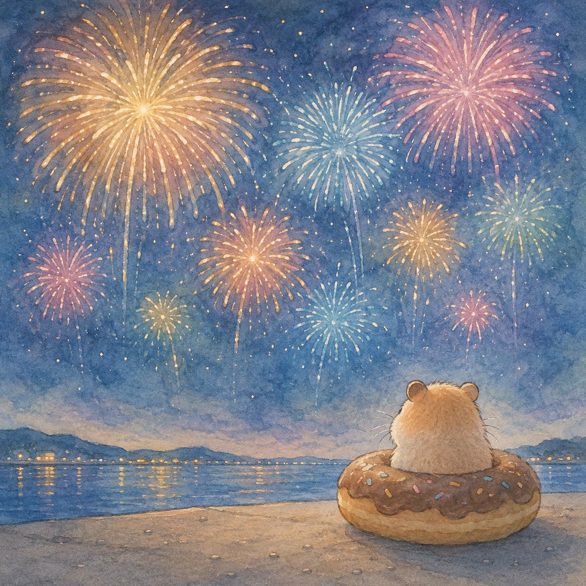 katayuri00's tweet photo. 🎆🍩🐹

ドーナツに入ったハムスター、
今日は空いっぱいの花火を眺めています。

大きな花火も、小さな花火も。
静かな夏の夜に、きらきら。

「きれいだなぁ」🐹

#はむはむどーなちゅ #ハムスターイラスト #花火 #夏の夜 #水彩イラスト https://t.co/wjxiZkCWTv