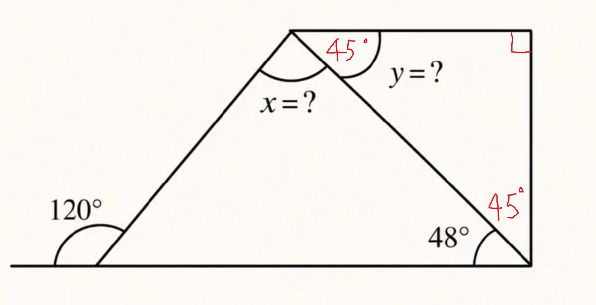 eikichibeesuke's tweet photo. @10P8TRIOT @RHSTUDYZONE I'm talking about Y.
Just because the top-right angle is 90°doesn't guarantee that the angles are 48° and 42°.
On the other hand, if the bottom-right angle is also 90° and the two lines are parallel, then you won't need to calculate the value of XY to find the sum of X and Y. https://t.co/71p7vIsuDi