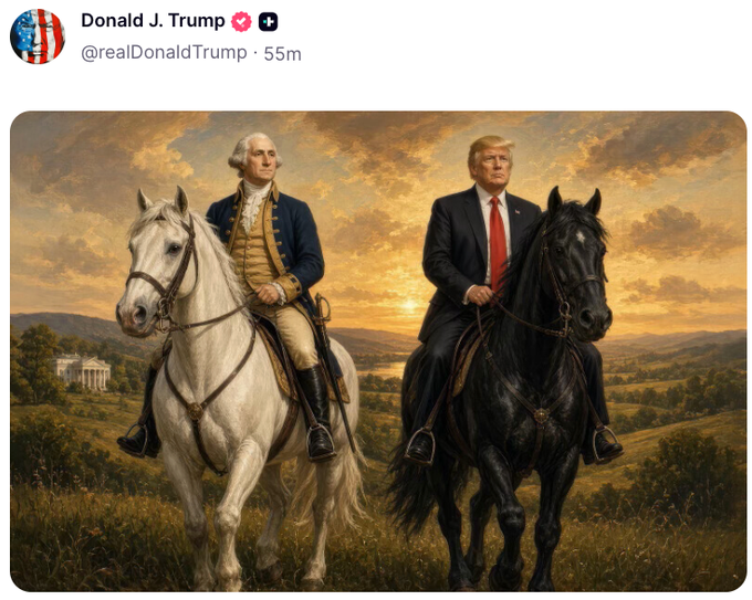 micyoung75's tweet photo. Trump putting himself on the black horse is an incredible bit of accidental symbolism.

In Revelation, the rider of the black horse represents famine and scarcity, with basic food costing a day's wages.

So apparently the AI finally generated one presidential portrait with some historical accuracy.