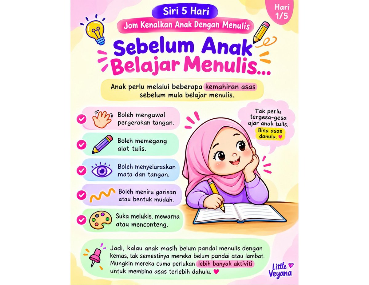 veyanaaaa's tweet photo. Sebelum anak belajar menulis A, B, C... ✏️

Mereka perlu bina writing readiness dahulu.

👋 Kawalan tangan
✏️ Pegangan alat tulis
👀 Koordinasi mata &amp; tangan
〰️ Garisan &amp; bentuk mudah

Bina asas dulu. Jangan tergesa-gesa. 🌱 https://t.co/KDuWNP4zo2
