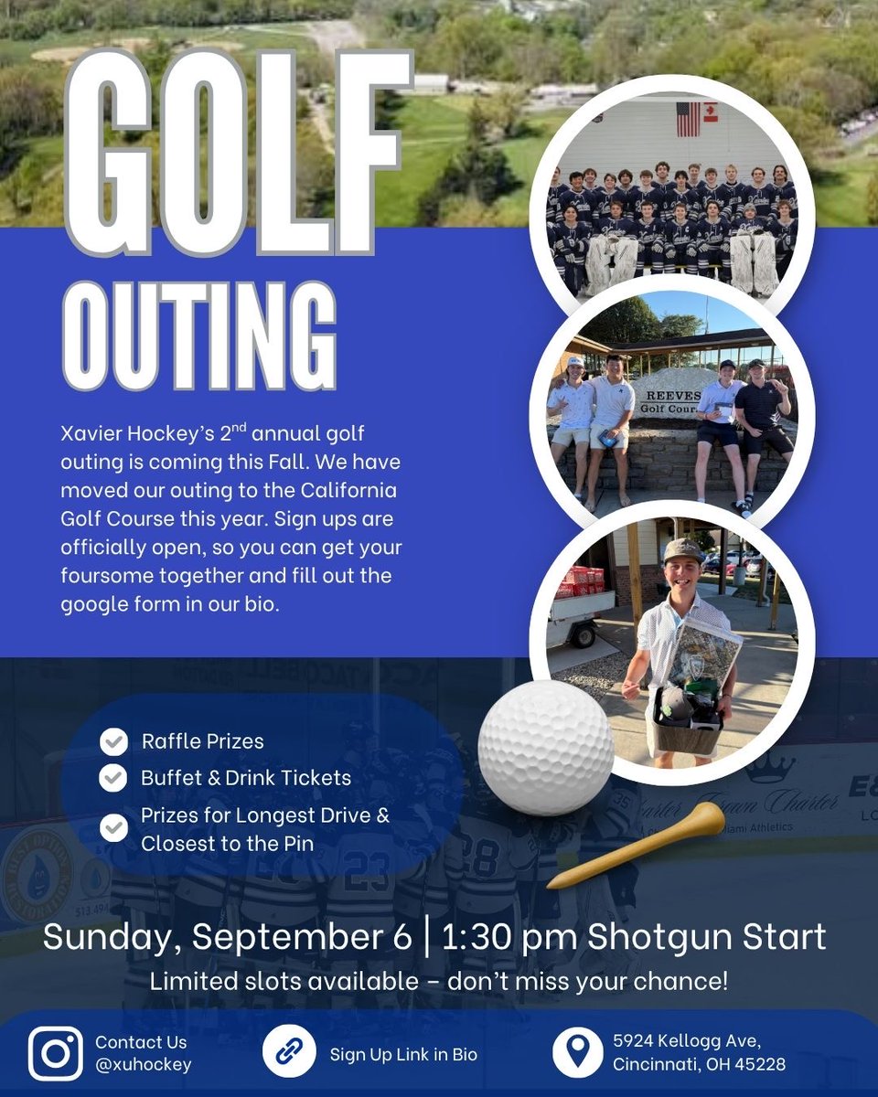XavierHockey's tweet photo. The 2nd Annual Xavier Hockey Golf Outing is officially here!

Grab your foursome, hit the green, and support Xavier Hockey for day of fun

Sunday, September 6, 2026
California Golf Course
Shotgun Start: 1:30PM

Registration: https://t.co/7GfuFxgeXU https://t.co/WsEOpCL3Kq