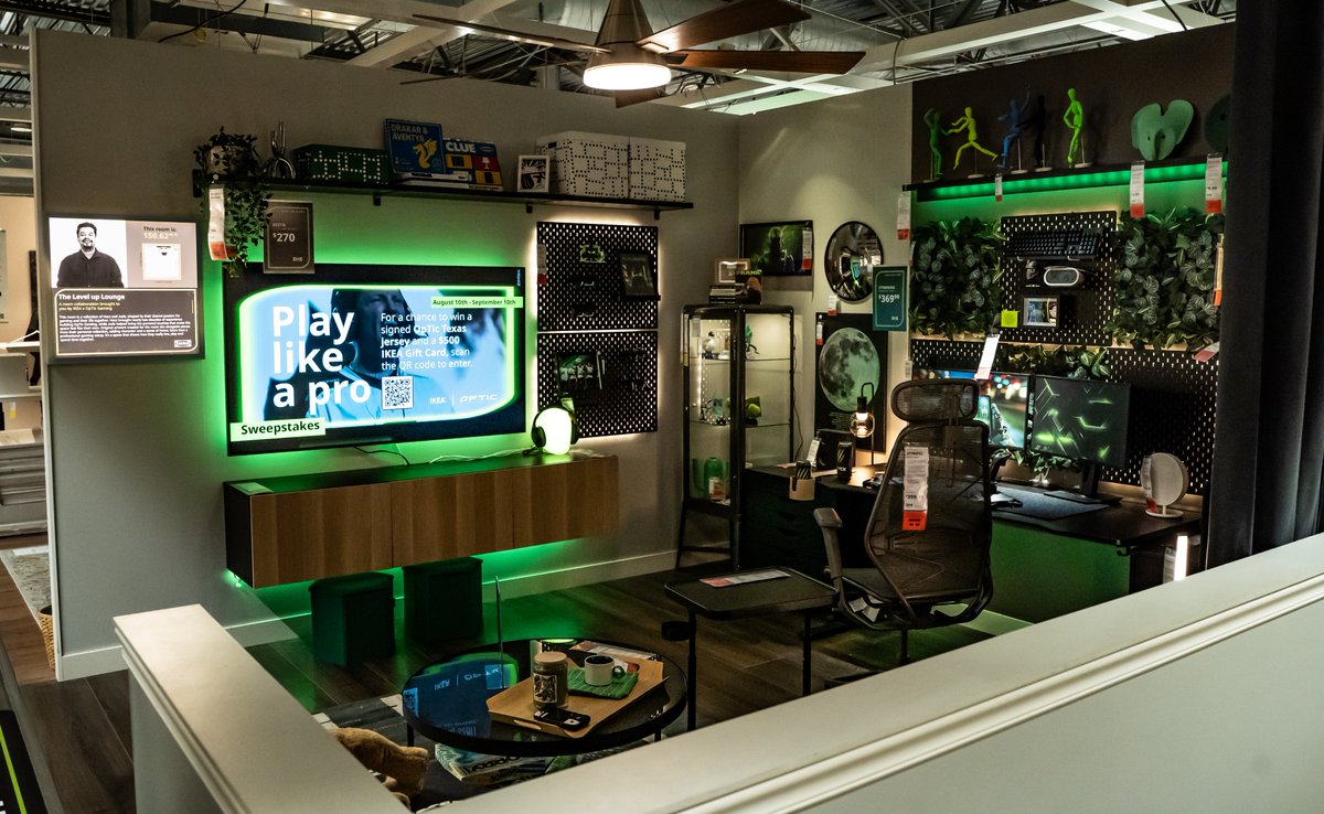 OpTic's tweet photo. Thanks to everyone who came out to the @IKEAUSA Frisco Store Meet &amp; Greet today 🙌

Our OpTic x IKEA Store collaboration rooms will remain on display until September 10th. Stop by for your chance to win a $500 IKEA Gift Card and a signed OTX jersey! #GreenWall https://t.co/TkPOaVYSil