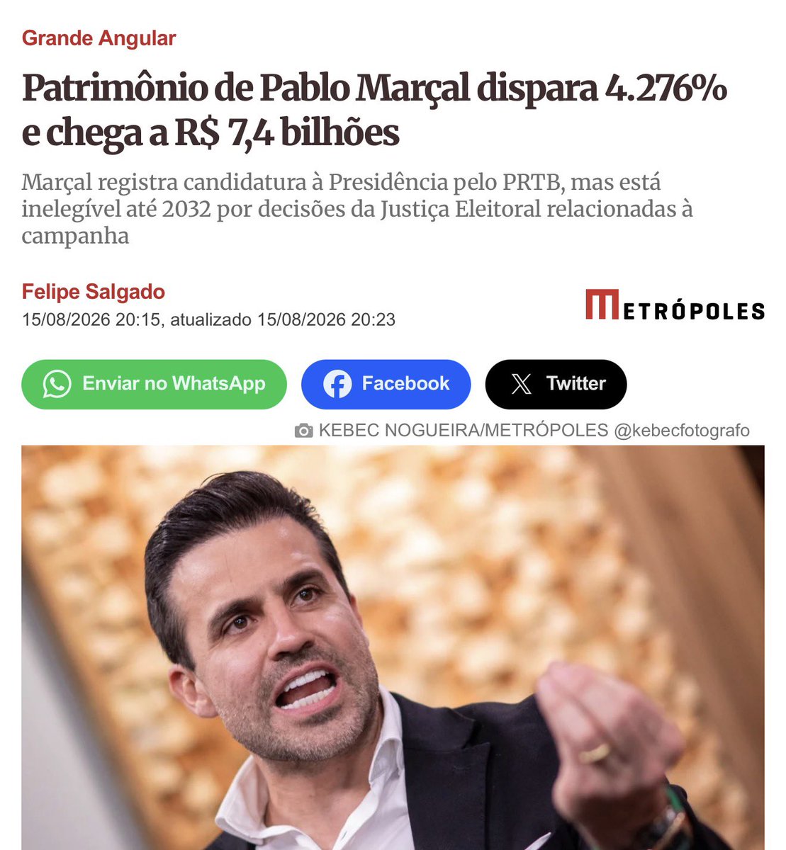 Pri_usabr1's tweet photo. Pablo Marçal, declarado inelegível pela Justiça Eleitoral, foi registrado pelo PRTB como candidato à Presidência da República.

Marçal declarou patrimônio de R$ 7,4 bilhões. Já seu vice, presidente do partido, declarou quase R$ 500 milhões em bitcoin. https://t.co/6VvT3We19r