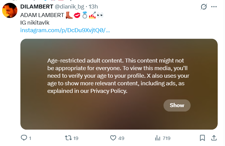dianik_bg's tweet photo. Hey, xwitter, WTF ?!?🤬😡🤬
How did you determine that Adam Lambert in Rick Owens' boots is 'Age-restricted adult content, which may not be appropriate for everyone'?
Which increasingly convinces me that THE SUPPRESSION here is SOOO REAL and manipulatively. Shame on you!😡🤬😡 https://t.co/ekqW29HOo6