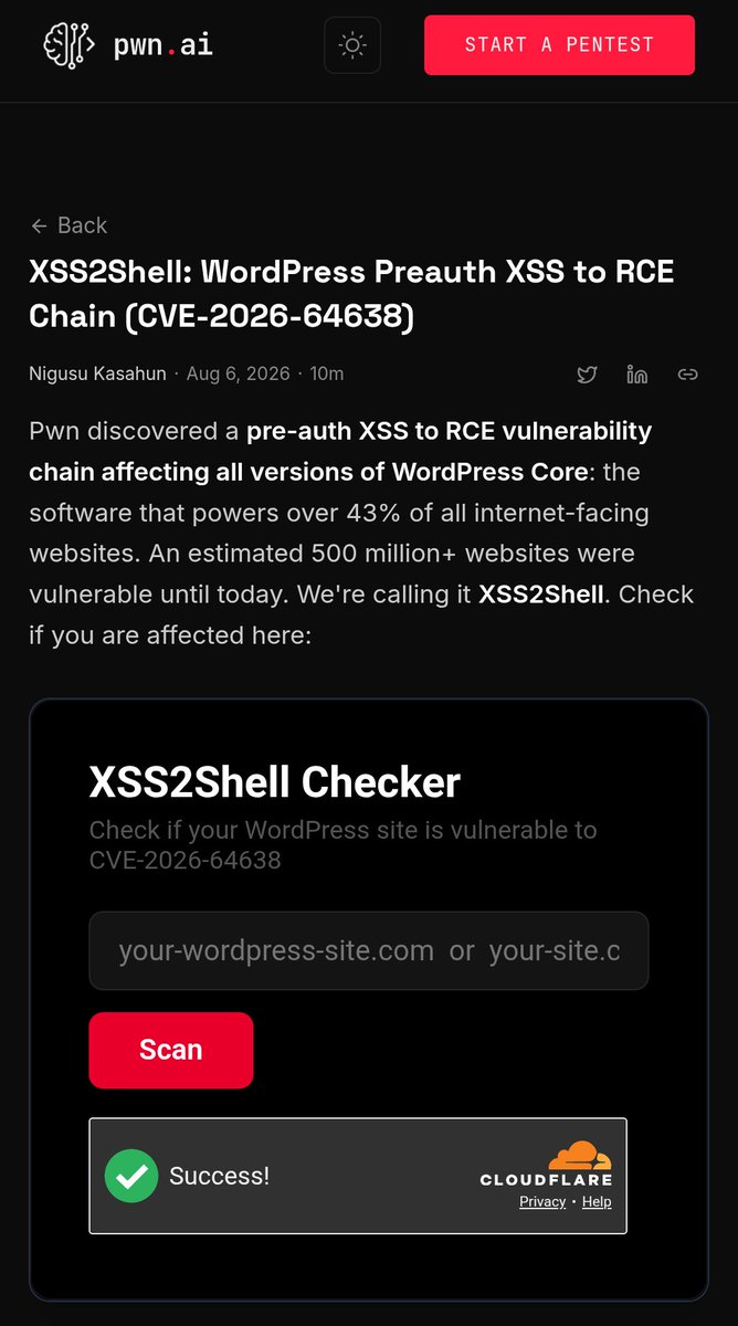 NitinGavhane_'s tweet photo. XSS2Shell — a WordPress Core pre-auth XSS → RCE vulnerability reportedly discovered autonomously by @pwn_ai using open-source models.

https://t.co/J367yeG2jO

The flaw affects WordPress versions broadly and could impact a huge portion of the web.

If you run WordPress, patch CVE-2026-64638 ASAP.

#WordPress #CyberSecurity #XSS #RCE #CVE #AppSec #InfoSec #AI