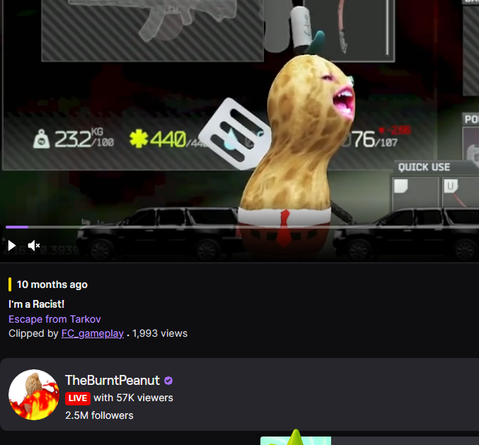 HickaGigglBurp's tweet photo. @Yubulimi3 @FeugoHerbert @YukiYuno6728 sorry im late @Yubulimi3 , never saw this. he names streams "slur saturday" and straight up named a clip "im a racist!" to add on, he has also allegedly said the f slur in a clip while playing escape from tarkov. there are likely more examples, but im too lazy to keep looking https://t.co/Ze4N9052Eh