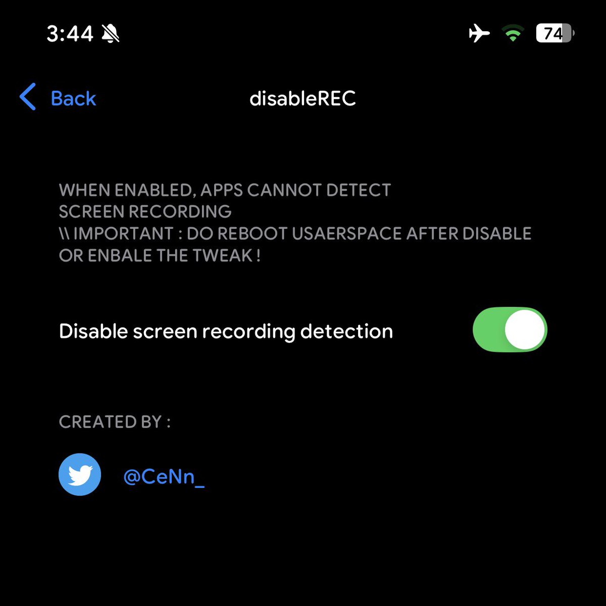 ipapplus's tweet photo. اداه جديده DisableREC
لتعطيل اكتشاف تسجيل الشاشه في جميع البرامج والجميل انها تبقى فعاله حتى والجلبريك معطل

تم تجربتها على تطبيق Snapchat
مع اخفاء Roothide على iOS16.5
وعلى Rootless اصدار iOS18.5 مع تعطيل وصول الادوات من Choicy
من تطوير @CeNn_ https://t.co/StGIHNs1Rl