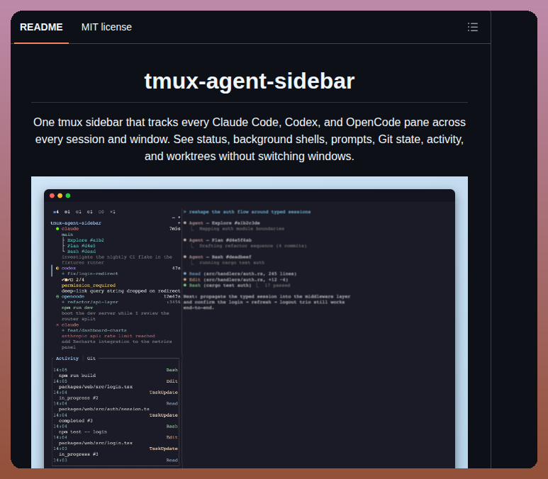 Screenshot of tmux-agent-sidebar showing multiple agent panes, statuses, and worktree metadata
