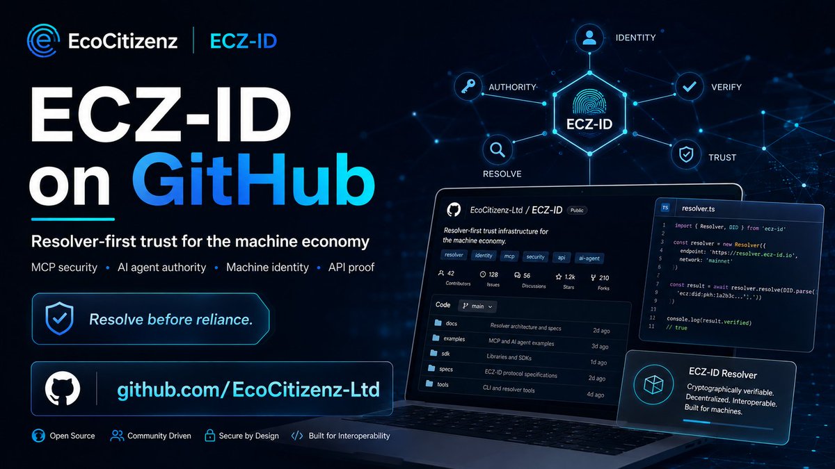 EcoCitizenz's tweet photo. ECZ-ID is building the trust layer for the machine economy — in public.

Explore practical GitHub resources for MCP security, AI agent authority, machine identity, APIs, software evidence and MSP/MSSP trust.

Resolve before reliance.

https://t.co/eL87iQ0m15 https://t.co/JGkMGv9BHz