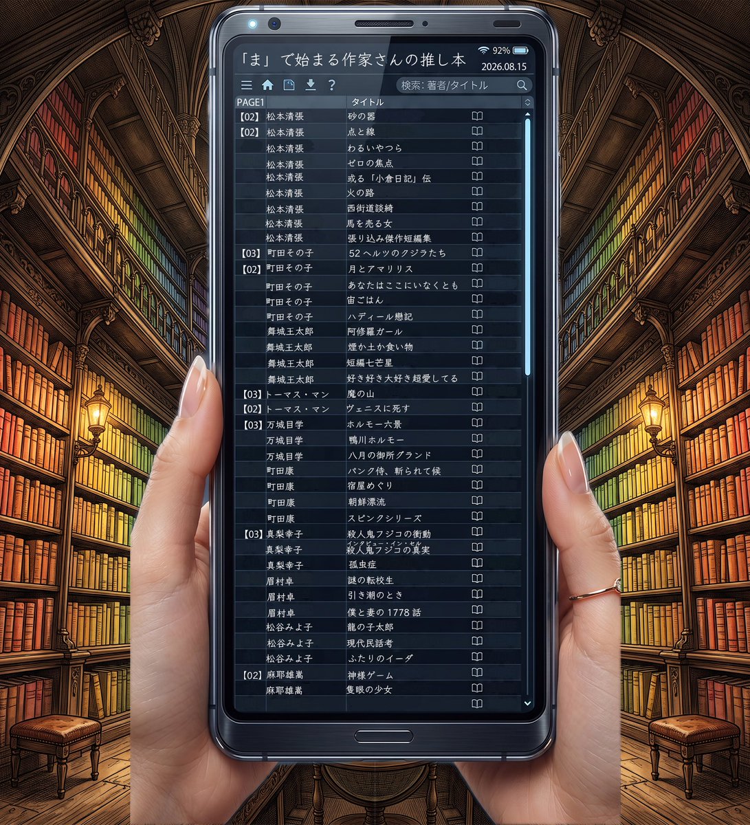 VZlHaHj18EPuhct's tweet photo. 【ま】で始まる作家さんの推し本の集計が終わりました
選書してくださりありがとうございます
.
以下選書数の多い作家さん順です
PAGE3の海外文学の画像は後日となります
.
松本清張/砂の器【02】
松本清張/砂の器
松本清張/点と線【02】
松本清張/点と線
松本清張/わるいやつら
松本清張/ゼロの焦点
松本清張/或る「小倉日記」伝
松本清張/ 火の路
松本清張/西海道談綺
松本清張/��を売る女
松本清張/張り込み傑作短編集

町田そのこ/52ヘルツのクジラたち【03】
町田その子/52ヘルツのクジラたち
町田そのこ/52ヘルツのクジラたち
町田そのこ/月とアマリリス【02】
町田そのこ/月とアマリリス
町田そのこ/あなたはここにいなくとも
町田その子/宙ごはん
町田そのこ/ハヤディール戀記

舞城王太郎/阿修羅ガール
舞城王太郎/煙か土か食い物
舞城王太郎/短篇七芒星
舞城王太郎/好き好き大好き超愛してる

トーマス・マン/魔の山【03】
トーマス・マン/魔の山
トーマス・マン/魔の山
トーマス・マン/ヴェニスに死す【02】
トーマス・マン/ヴェニスに死す

万城目学/ホルモー六景【03】
万城目学/ホルモー六景
万城目学/ホルモー六景
万丈目学/鴨川ホルモー
万丈目学/八月の御所グラウンド

町田康/パンク侍、斬られて候
��田康/宿屋めぐり
町田康/朝鮮漂流
町田康/スピンクシリーズ

真梨幸子/殺人鬼フジコの衝動【02】
真梨幸子/殺人鬼フジコの衝動
真梨幸子/孤中症
真梨幸子/インタビュー・イン・セル殺人鬼フジコの真実

眉村卓/謎の転校生
眉村卓/引��潮のとき
眉村卓/僕と妻の1778話

松谷みよ子/龍の子太郎
松谷みよ子/現代民話考
松谷みよこ/ふたりのイーダ

麻耶雄嵩/神様ゲーム【02】
麻耶雄嵩/神様ゲーム
麻耶 雄嵩/ 隻眼の少女

松岡圭佑/万能鑑定士Qの事件簿
松岡圭祐/探偵の探偵

ロス・マクドナルド/さむけ
ロス・マクドナルド/動く標的

松原始/カラスの教科書
丸田洋渡/これからの友情
松井今朝子/吉原手引草
丸山正樹/デフ・ヴォイス』シリーズ
前野ひろみち/満月と近鉄
牧薩次/完全恋愛
増田俊也/七帝柔道記
まさきとしか/あの日、君は何をした
まさきとしか/あなたが殺したのは誰
まさきとしか/レッドクローバー　
牧野修/屍の王
松家仁之/火山のふもと
前川ほまれ/シークレットペイン
丸山健二/さすらう雨のかかし
松山���/乱歩と東京―1920都市の貌
松尾由美/バルーンタウンの殺人
ママチャリ/ぼくたちと駐在さんの700日戦争
松田詩依 / 東京かくりよ公安局シリーズ
松田道弘/トリックものがたり
松村栄子/雨にも負けず粗茶一服
前田珠子/破妖の剣シリーズ
柾木政宗/NO推理、NO探偵？
真下みこと/#柚莉愛とかくれんぼ【02】
真門浩平/ぼくらは回収しない
牧野修/だからドロシー帰っておいで

PAGE3
ジョージ・マクドナルド/北風のうしろの国
カーソン・マッカラーズ/針のない時計
バーナード・マラマッド/アシスタント
ジル・マゴーン/騙し絵の檻
ヘレン・マクロイ/暗い鏡の中に
ガルシア・マルケス/出会いはいつも八月
アリステア・マクラウド/冬の犬
コーマック・マッカーシー/すべての美しい馬
アリステア・マクリーン/女王陛下のユリシーズ
リチャード・マシスン/激突！
ホレス・マッコイ/彼らは廃馬を撃つ
ユベール・マンガレリ/おわりの雪
マロ/家なき娘
ケイシー・マクストン/赤と白とロイヤルブルー
エド・マクベイン/殺意の楔
アン・マキャフリー/銀の髪のローワン
ジョージ・R・R・マーティン/氷と炎の歌シリーズ
ジリアン·マカリスター/ロング·プレイス、ロング·タイム
R・R・マーティン/氷と炎の歌シリーズ
フランク・マコート/アンジェラの灰
アン・マキャフリー/歌う船
ロバート・R・マキャモン/少年時代
ジェイ・マキナニー/ブライト･ライツ、ビッグ･シティ
リチャード・マシスン/地球最後の男