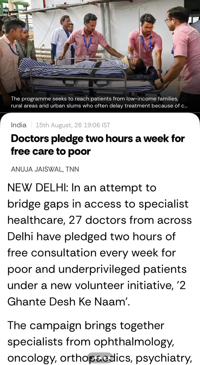 AnujaJaiswalTOI's tweet photo. In an attempt to bridge gaps in access to specialist healthcare, 27 #doctors from across #Delhi have pledged two hours of free consultation every week for poor and #underprivileged #patients under a new volunteer initiative, '2 Ghante #Desh Ke Naam'. The campaign brings together specialists from ophthalmology, oncology, orthopaedics, psychiatry, paediatrics, cardiology, gynaecology and general medicine, who will provide consultations free of cost through two hospitals and two clinics, as well as via telemedicine for patients in remote and underserved areas. Organisers said the initiative aims to ensure that financial constraints do not prevent patients from seeking timely medical advice. @timesofindia