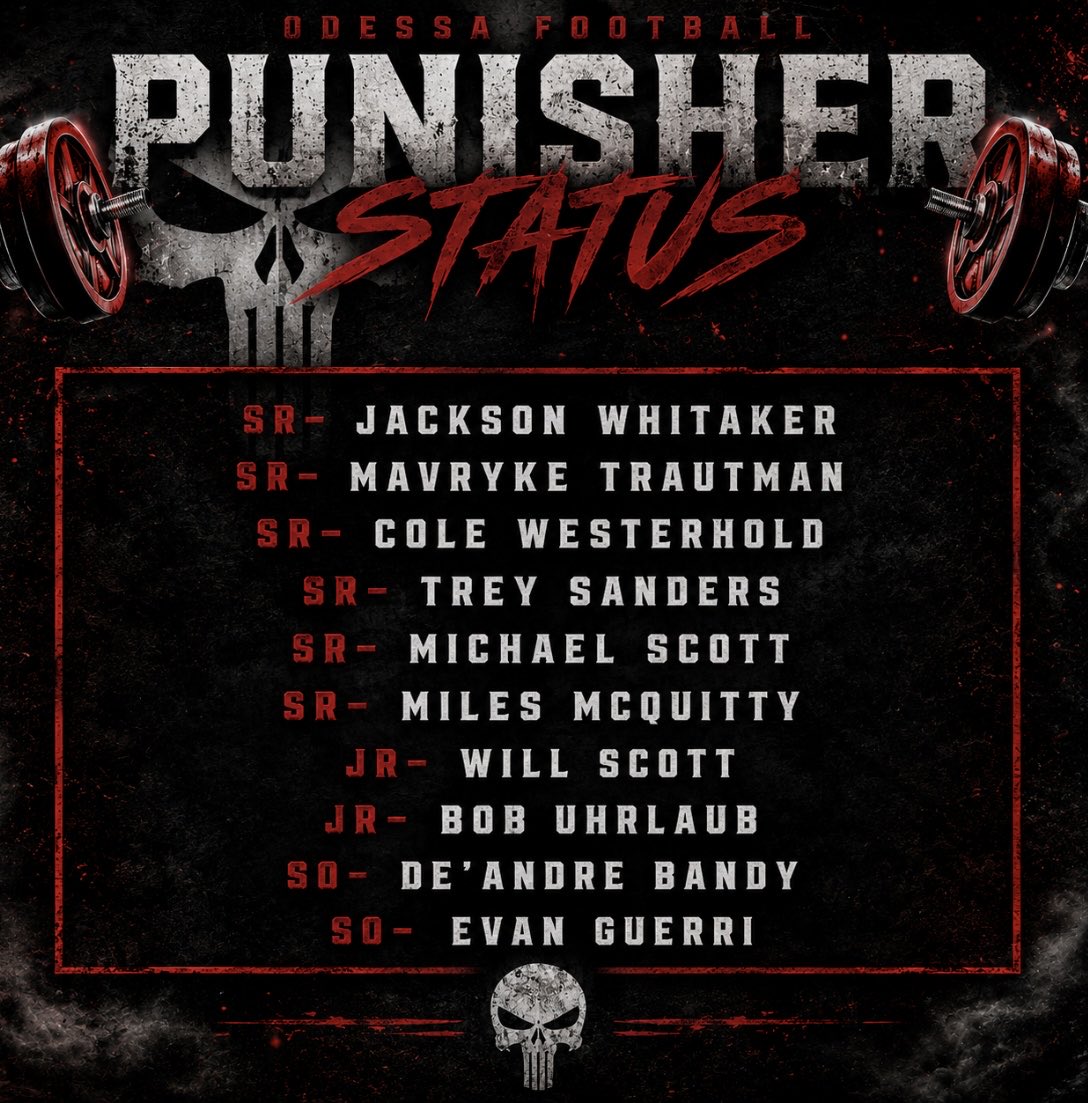 OdessaFootball's tweet photo. This summer 10 of our Bulldogs were able to reach punisher status! Congrats gentleman!

Requirements:

Hit Stick Score - @SHSCoachMueller 
Lift Totals

Bigs - 800
Combos - 750
Skills - 700

95% Summer Attendance https://t.co/1DNsp0NZfu