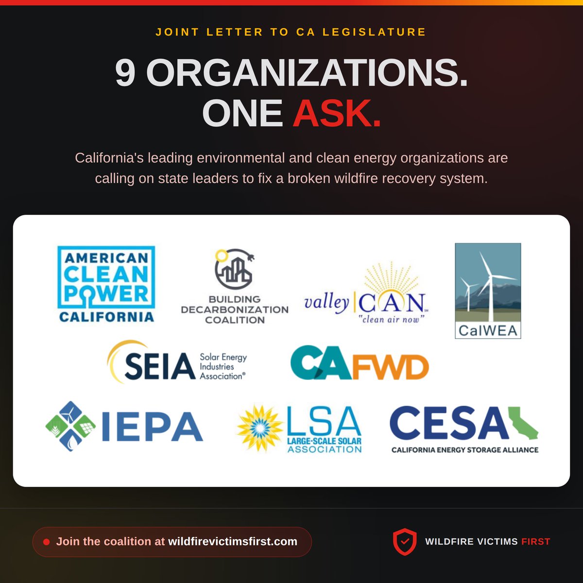 WildfireVics1st's tweet photo. 9 CA clean energy &amp; enviro orgs, one message to state leaders. No half measures. https://t.co/4VT2l2eviE