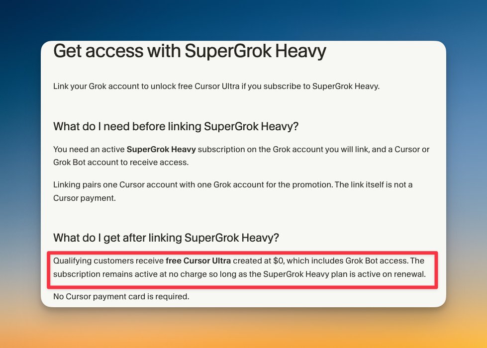 hqmank's tweet photo. SuperGrok changed its Cursor offer.

SuperGrok Heavy users used to get one free month of Cursor Ultra. Eligible users can now keep Ultra free for as long as their Heavy subscription stays active.

If Heavy gets Ultra, regular SuperGrok should come with Cursor Pro too @elonmusk https://t.co/4egIoBENJB