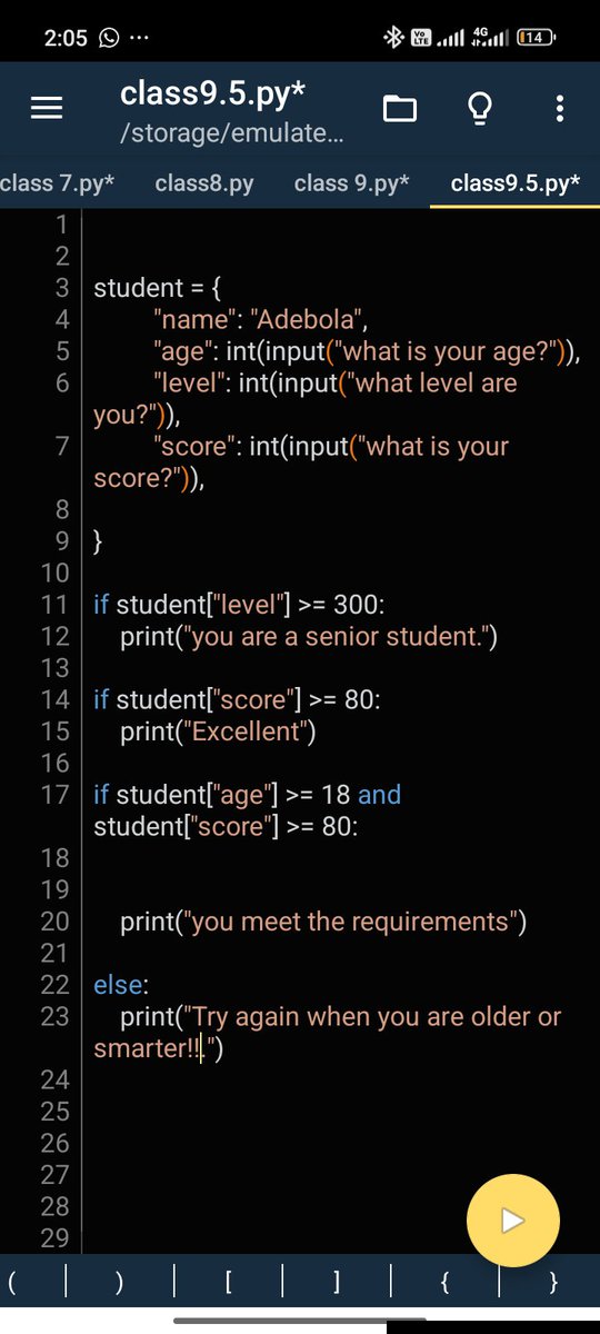 HARDEYBORLAHfr0's tweet photo. Day 9/100 🐍✨
Class 9: DONE! 😭❤️
Today I worked more with conditional statements, logical operators, and combining them with dictionaries.
Slowly but surely, the code is starting to make sense, seeing my progress from Day 1 makes me proud. 🥹One bug at a time. We keep going. 💻 https://t.co/7v7OfuhDfg