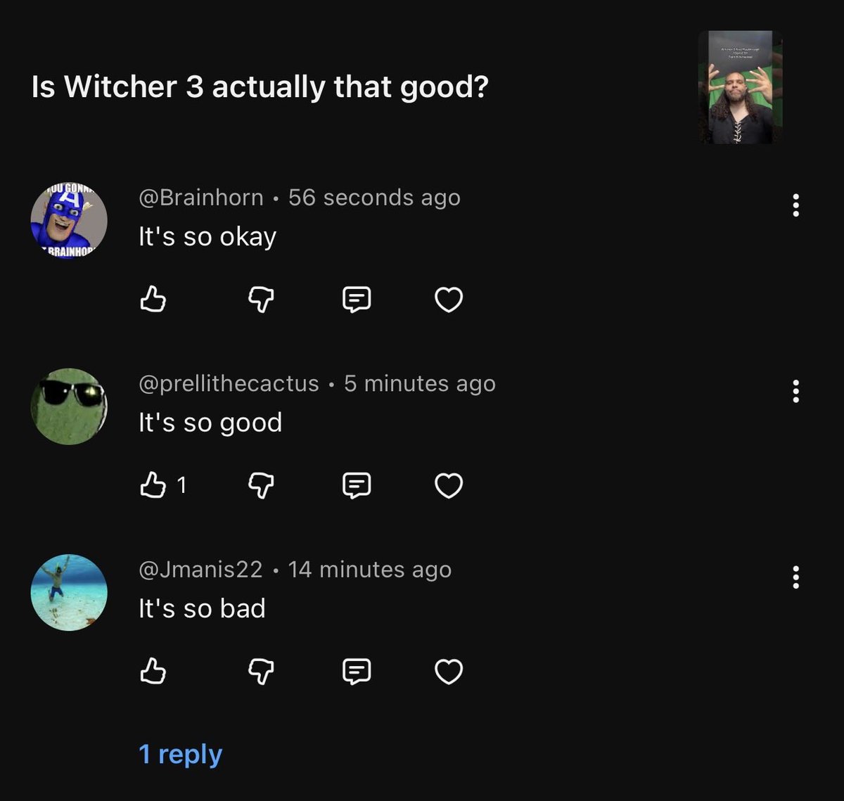Naiwal2's tweet photo. Playing Witcher 3 for the first time tonight and i have never seen such an accurate representation of opinion on the internet https://t.co/xTgcuGUI9M