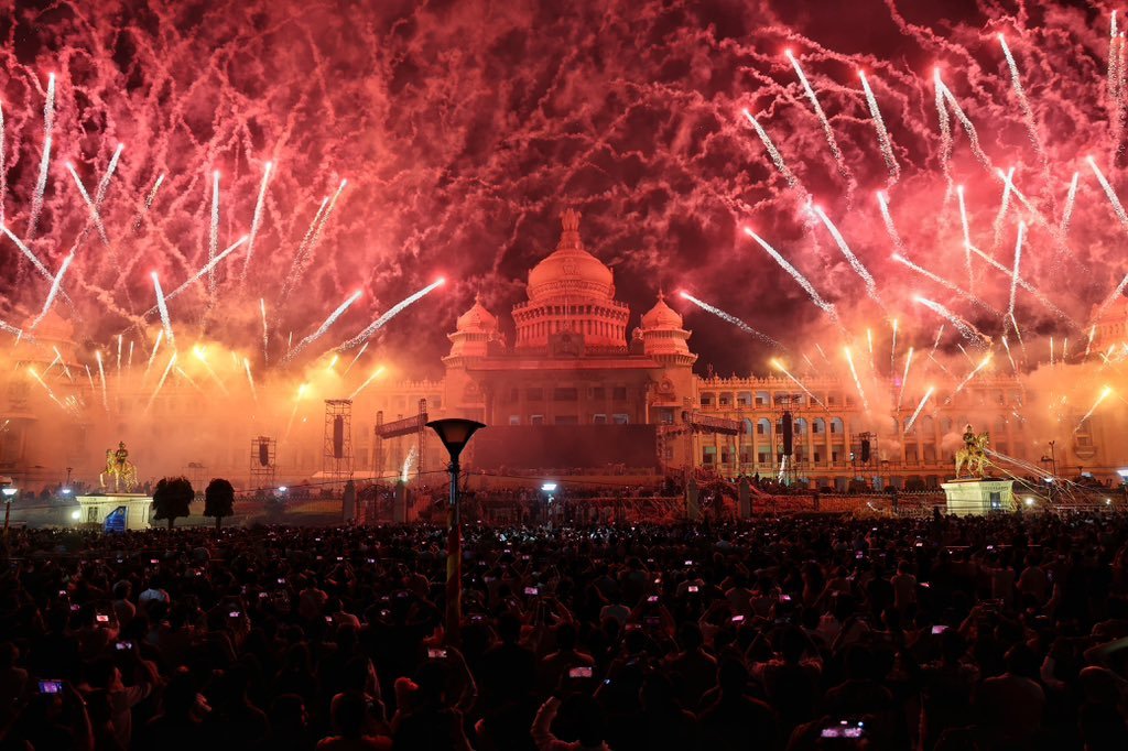 PRO_Shankar_'s tweet photo. Vidhana Soudha
a majestic &amp; monumental landmark of #Bangalore that houses the State legislature &amp; Secretariat, illuminated for #IndependenceDay
celebrations
Colourful Crackers show infront of #Vidhanasoudha on the occasion of 80th  #IndependenceDay2026 celebrations in #Bengaluru https://t.co/IaqbxUiBi4