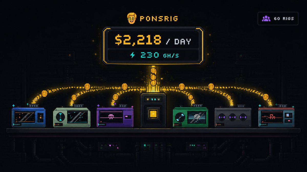 ponsdotRIG's tweet photo. The rig is streaming $2,218 a day to miners right now⛏️

Six tokenized stocks, paid out second by second, every second, to every machine on a shelf.

60 rigs online. 230 GH/s. Nobody is printing anything: players pay players. https://t.co/FwtkyM0M5n