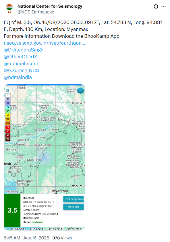 WorldAlertHi's tweet photo. 🌍 An earthquake of magnitude 3.5 on the Richter scale was reported in Myanmar.

Further details on the epicentre and impact are awaited.

#Myanmar #Earthquake #EarthquakeAlert #BreakingNews #SeismicActivity https://t.co/629ewzOweb