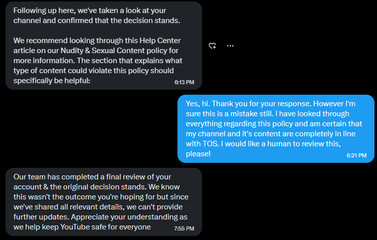 cloenem's tweet photo. Posting another cry for help. My youtube channel "cloenem" with 7.5k subs was terminated without warning this morning for severe/continuous violations of youtube's sexual content policies. Attached below is a 30 second clip from my most (1/4) #youtube @YouTube @TeamYouTube https://t.co/TL6X2GEE5H