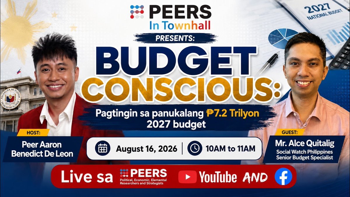 peersphl's tweet photo. HAPPENING NOW:
Live Now!
Episode 125: Budget Conscious: Pagtingin sa panukalang ₱7.2 Trilyon 2027 budget

Watch Here:
Youtube Livestream:
https://t.co/r3bBoiQjkW

Facebook Livestream:
https://t.co/winXQg7neF https://t.co/aOs3ToldyX
