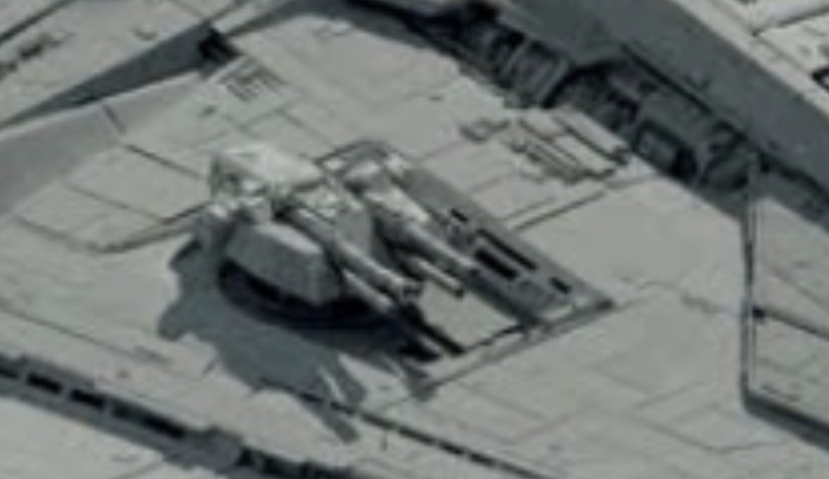 OneSidedBattle's tweet photo. @EckhartsLadder The turrets appear to be the same exact ones from the 546 Arquitens. If I had to guesstimate I’d say it’s probably a Victory to Venator sized cruiser. https://t.co/IpJCpT4YGz