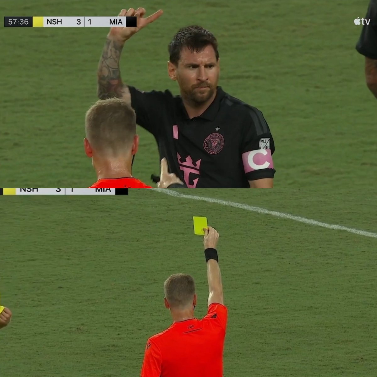 NoodleHairCR7's tweet photo. Messi told ref to cancel Nashville goal

But ref gave Messi a yellow card instead

Honor 🫡 https://t.co/f5YDN62mc9
