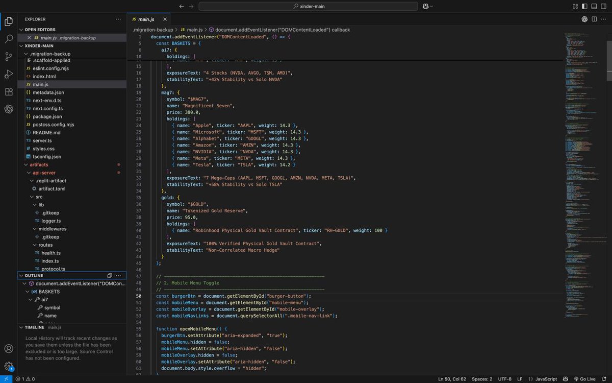 XINDEXRH's tweet photo. Updating the stock market section in our $XindeX project.
We are currently refining the BASKETS configuration in main.js. This includes structured data for AI7, the Magnificent Seven (MAG7) with holdings across AAPL, MSFT, GOOGL, AMZN, NVDA, META, and TSLA, as well as Tokenized Gold (GOLD). Each basket now includes clear exposure text and stability metrics to provide users with more accurate and transparent market information.
These updates are part of our ongoing effort to improve data reliability and user experience within the platform.
