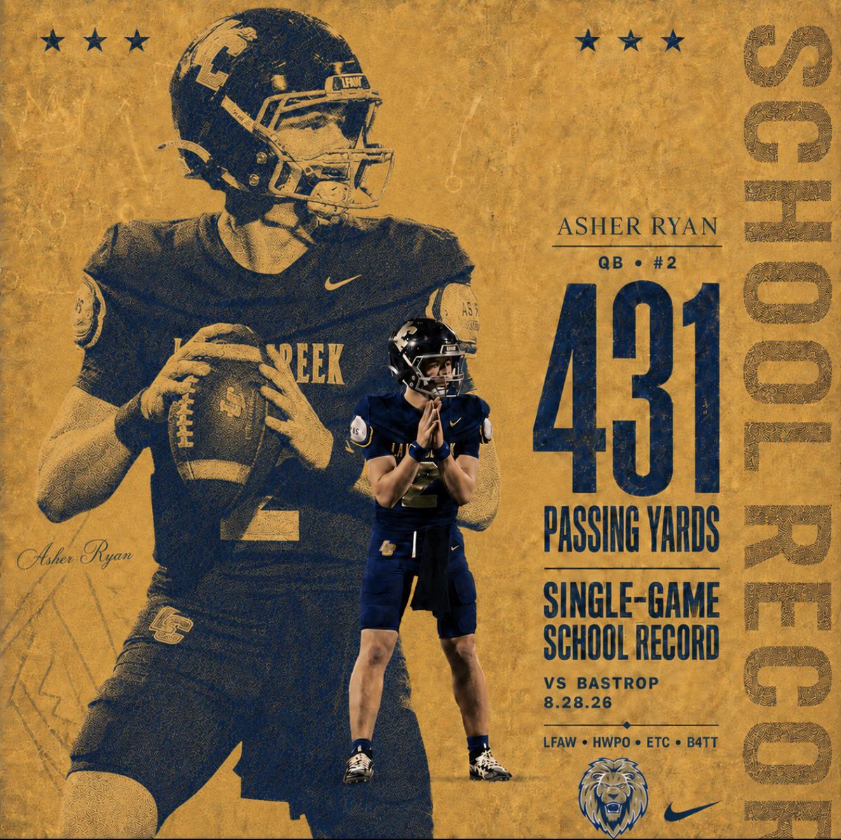 LakeCreekFBall's tweet photo. THREE RECORDS. TWO LIONS. ONE HISTORIC NIGHT. 🦁📚

Asher Ryan (@AsherRyan17)
431 Passing Yards
27 Completions

Chance Miller (@chancemiller25)
263 Receiving Yards

Three Lake Creek single-game records—rewritten against Bastrop.

The standard just moved.

#LFAW #HWPO #ETC #B4TT https://t.co/eB4sScKwg2