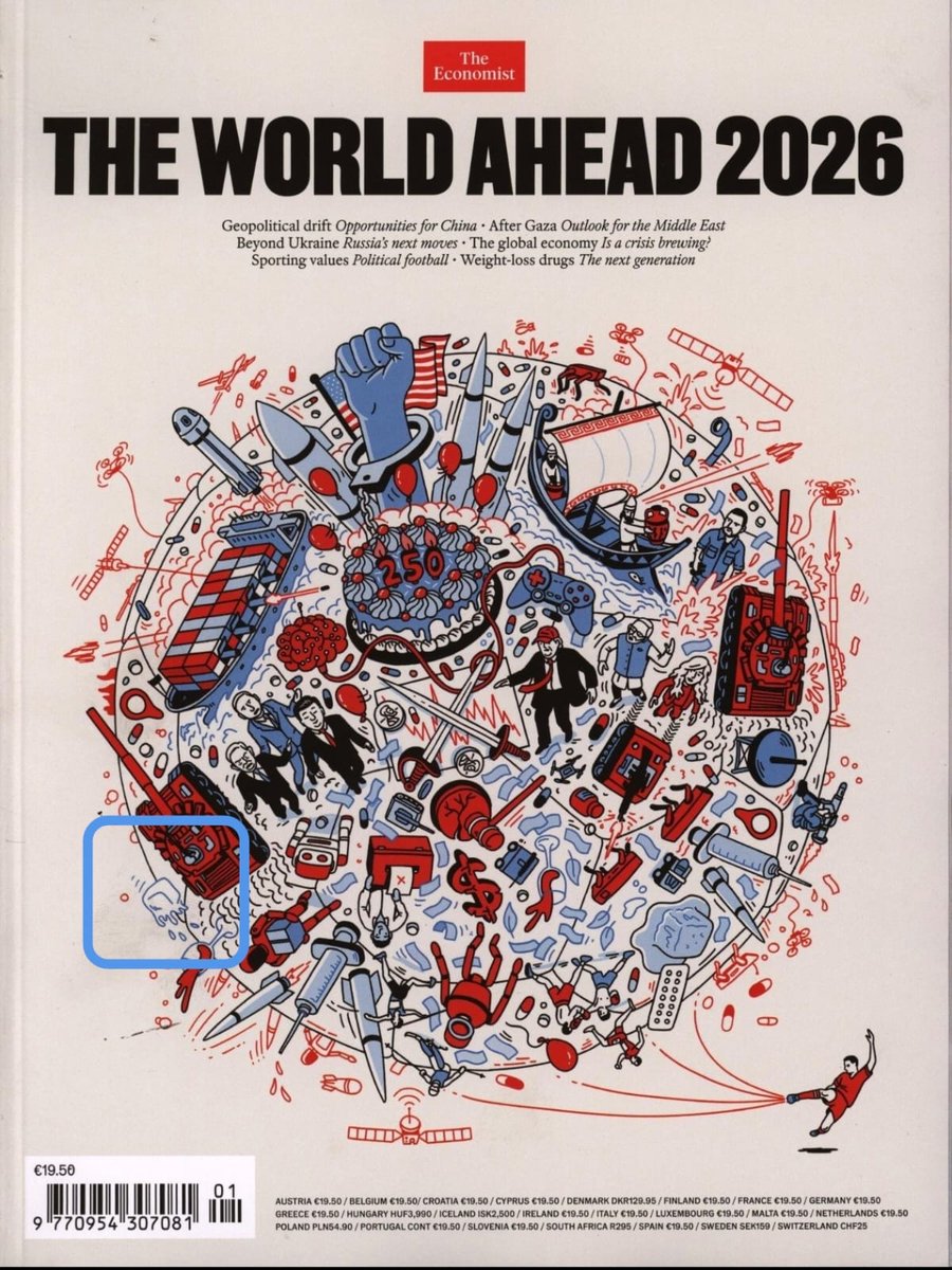 Starboy2079's tweet photo. Rothschild family owned magazine The Economist published this cover image in its January 2026 edition

If you look carefully at first image, they have shown a melting glacier at bottom left

If you place this image on a clock, melting glacier aligns exactly with the end of August https://t.co/rihF4SQxCk